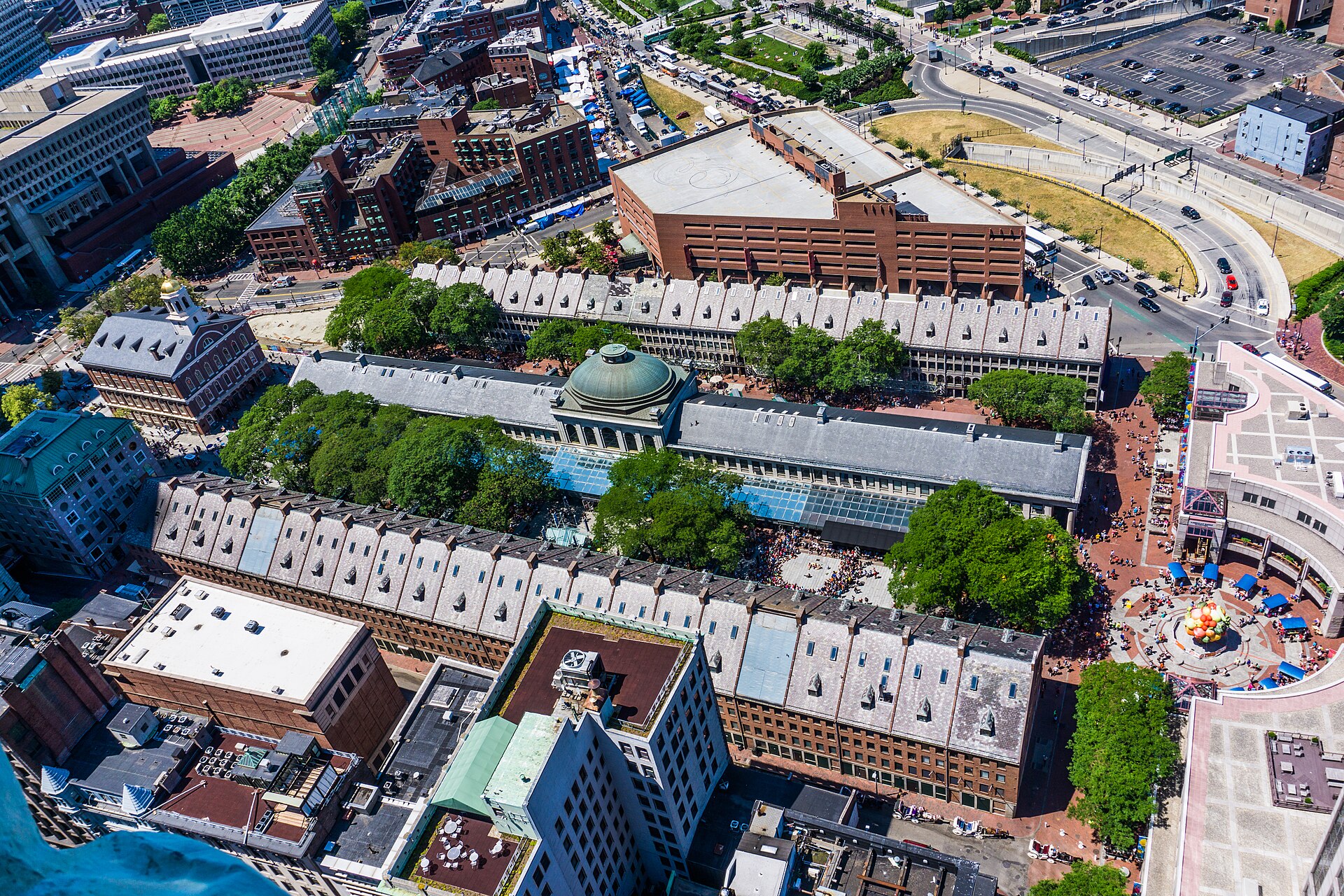 Quincy Market's granite market hall seen from the Custom House tower in Boston